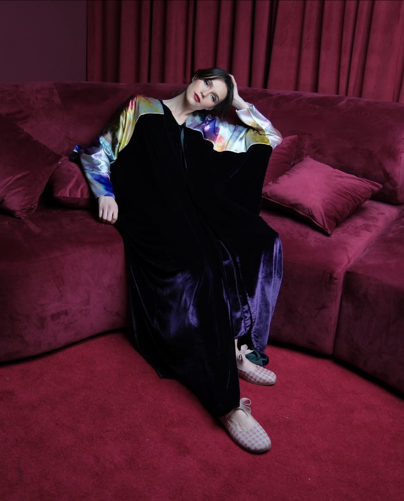 French Silk Velvet Abaya in Mauve with Pure German Silk Details