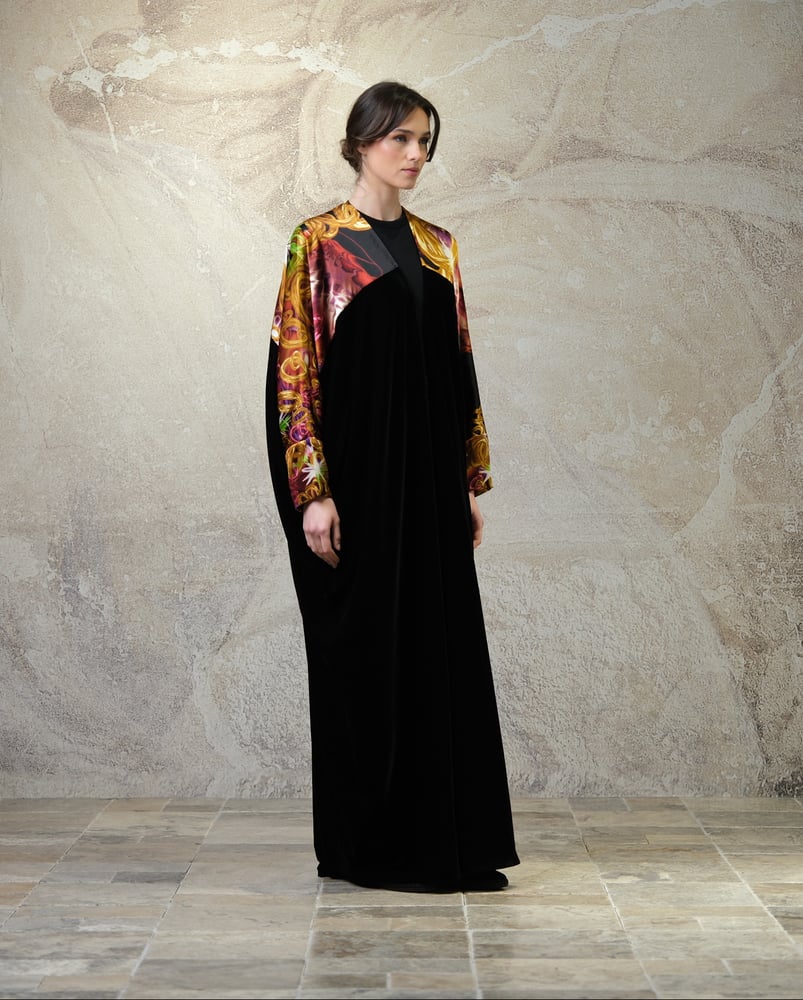 Bisht Black Velvet with Pure Black Golden Ring Prints Silk