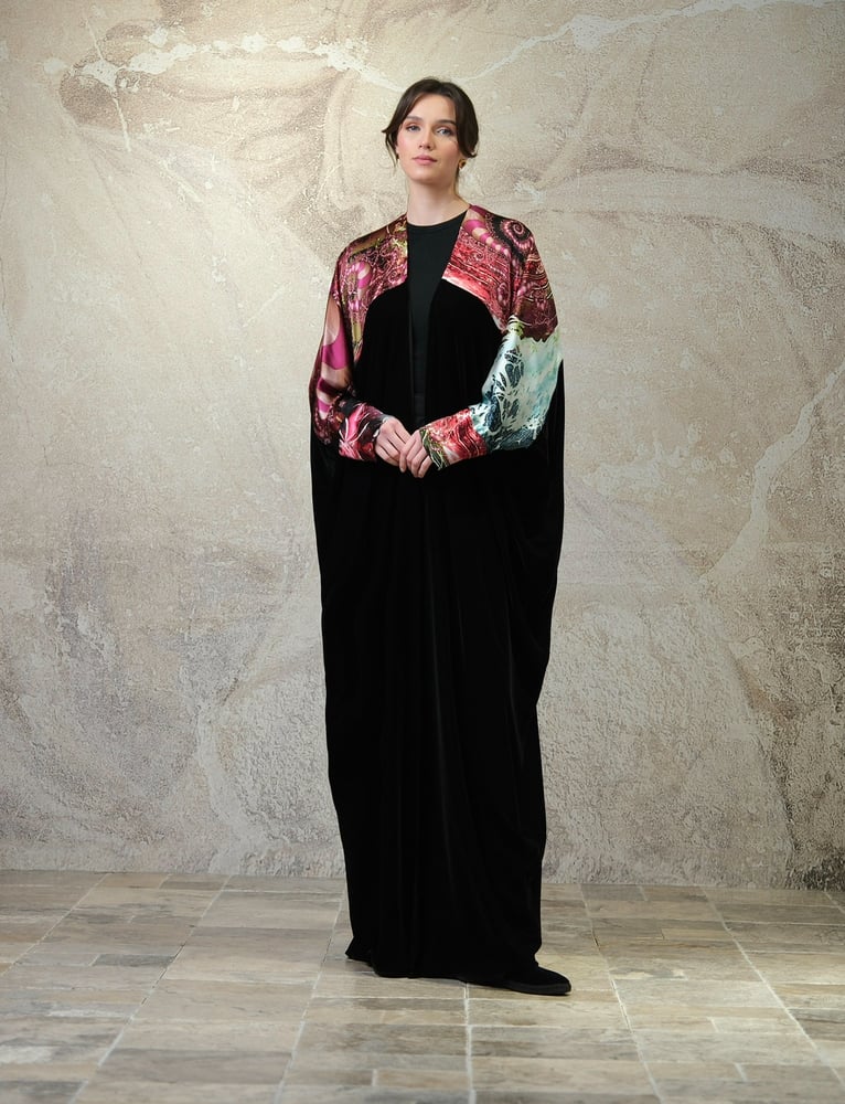 Bisht — Black Velvet with Pure Black Silk and Swirling Patterns