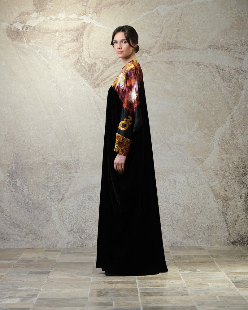 Bisht Black Velvet with Pure Black Golden Ring Prints Silk