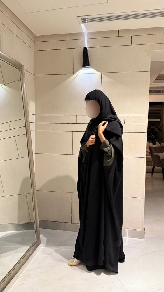 Black abaya with Olive Green circles cuffs