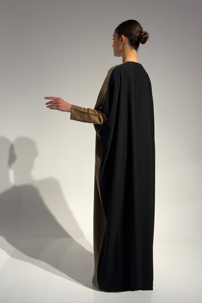 Half Bisht – Washed Japanese Silk in Olive Antique Gold with Black Crepe