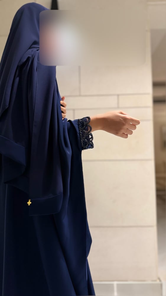 Bisht – Navy Crepe with Beaded Sleeves