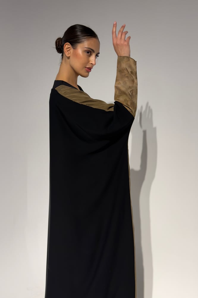 Half Bisht – Washed Japanese Silk in Olive Antique Gold with Black Crepe