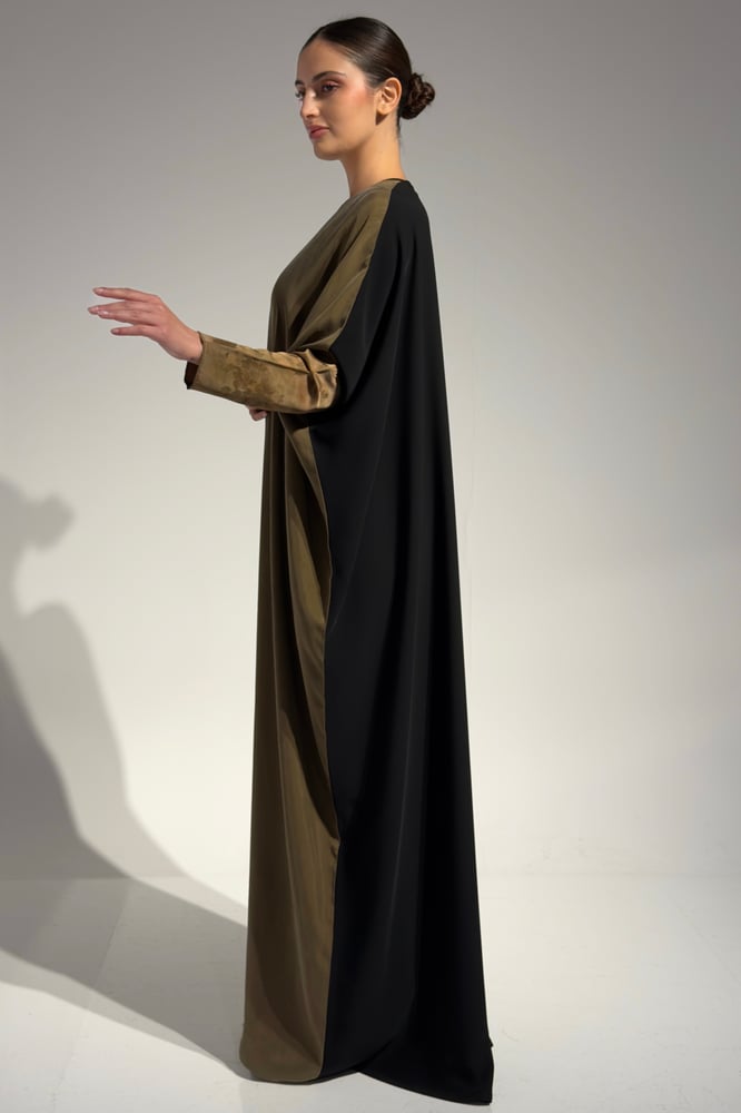 Half Bisht – Washed Japanese Silk in Olive Antique Gold with Black Crepe