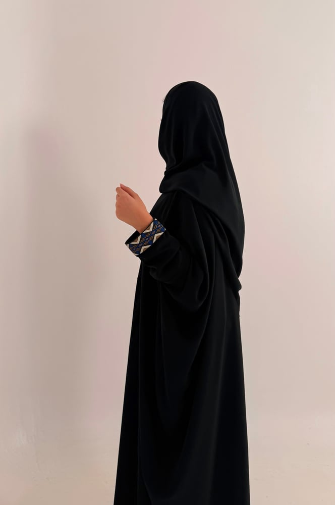 Half Bisht – Black Abaya with Multicolor Geometric Sleeve Detail
