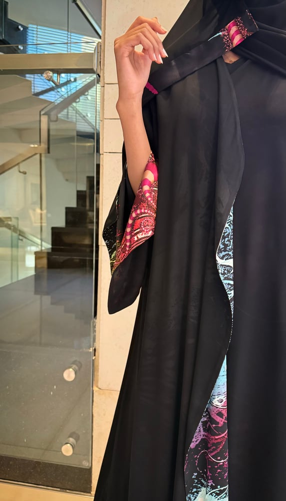 Black A line Chiffon Lined with Pure Black Silk and Colorful Swirling Patterns