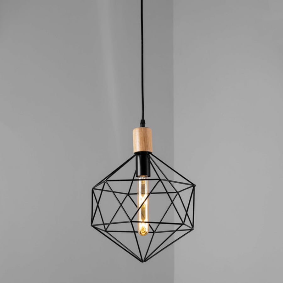 Single hanging chandelier with black circular grille