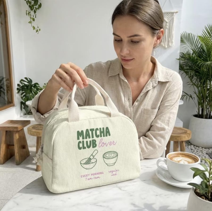 حقيبة غداء قطعة واحدة، بنقشة ماتشا وطبعة ثنائية الأبعاد "MatchaClub"مصنوعة من قماش مخملي ناعم وخفيف