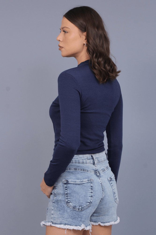 توب نسائي – modacan toptan – ياقة نصف عالية – قطن – كحلي  – Made in Turkey-  S-L