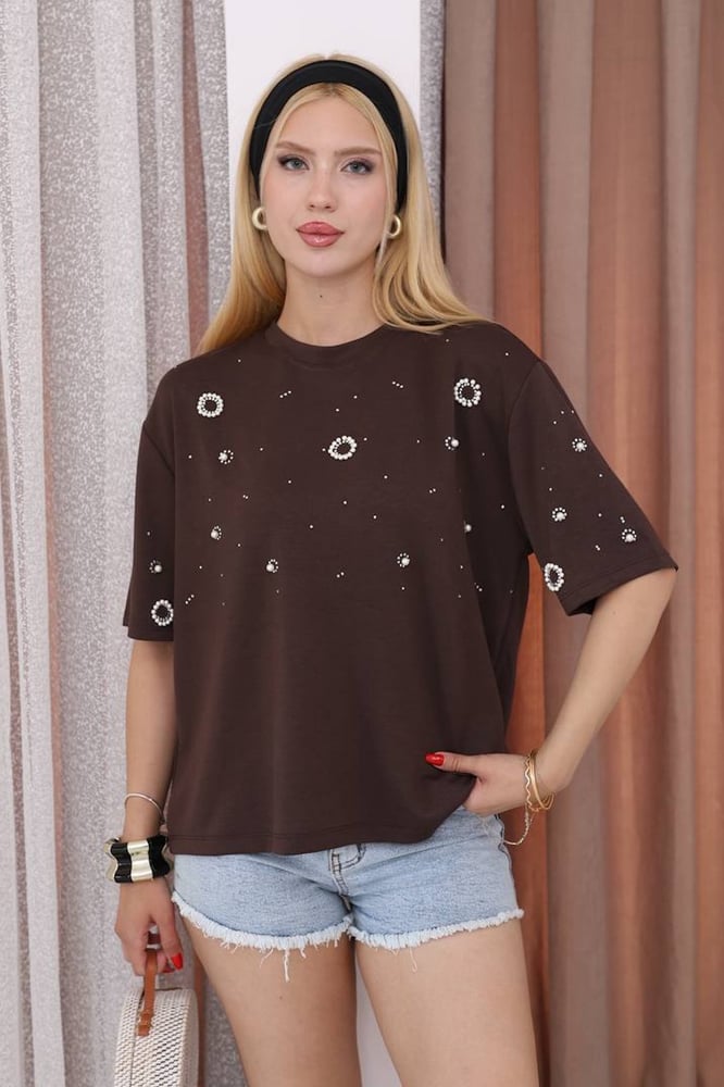 تي شيرت نسائي – modacan toptan – بني – قطن جيرسيه – S-M-L-XL – صنع في تركيا