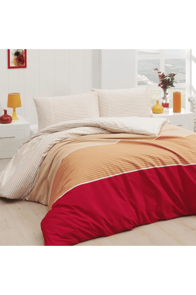 طقم غطاء لحاف – mendereshome – أحمر وبيج بتصميم خطوط – قطن