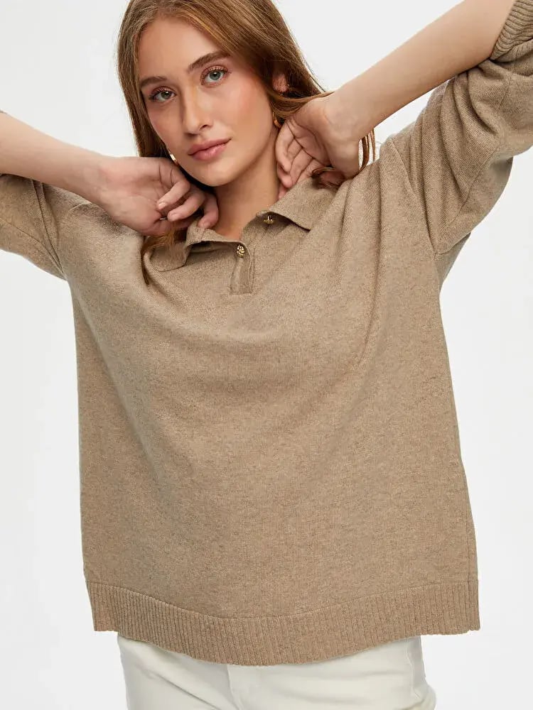 بلوزة نسائية - Faiksonmez – ياقة بولو وأزرار ذهبية – قطن –اسود – M-L-XL-صنع في تركيا