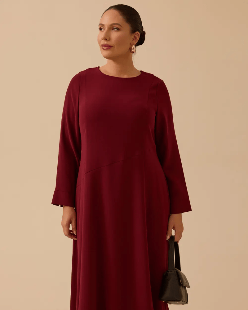 فستان نسائي – secilstore – بورغندي – كريب – ميدي أساسي بمقاسات كبيرة – 44، 46، 48، 50 – صنع في تركيا