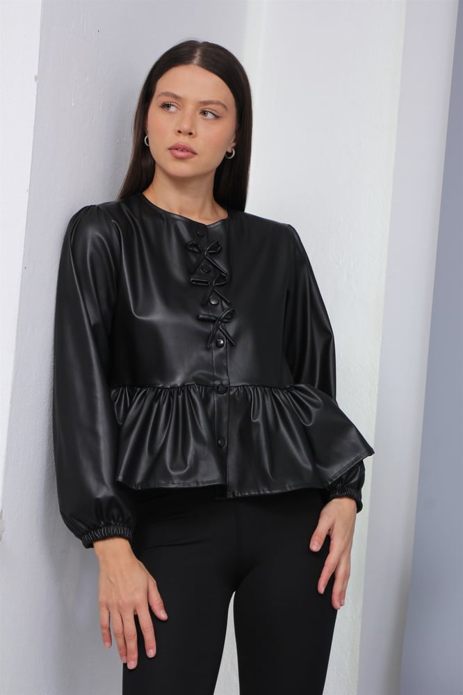 قميص نسائي – modacan toptan – بتفاصيل فيونكات أمامية – جلد – اسود – S-XL – صنع في تركيا
