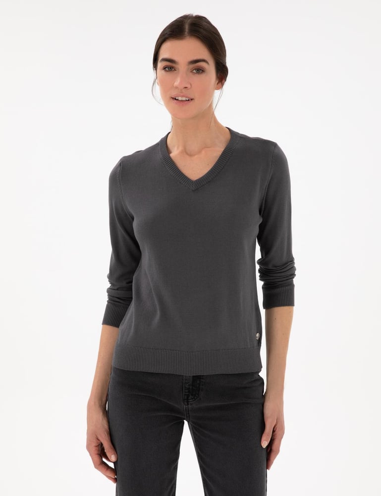 كنزة نسائية – pierre cardin – ياقة V – قطن – رمادي داكن– S-XL – صنع في تركيا