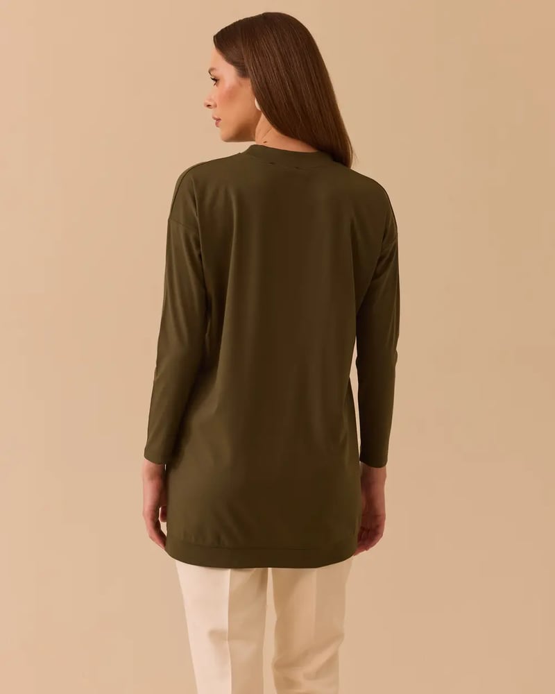 سترة نسائية - Secilstore – كاكي – ياقة دائرية – قصة واسعة – جيرسيه – أكمام طويلة – S M L XL – صنع في تركيا