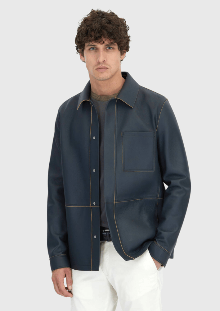 جاكيت جلدي رجالي – Ramsey – رمادي سادة – ياقة قميص – جلد غنم -  S، M، L، XL، XXL، XXXL- صنع في تركيا