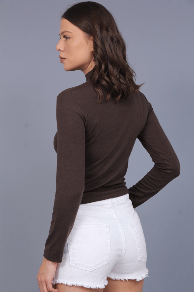 توب نسائي – modacan toptan – ياقة نصف عالية – قطن – بني – Made in Turkey-  S-L