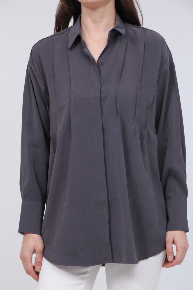 قميص نسائي – modacan toptan – بتفاصيل طيات أمامية – دبي كريب – رمادي غامق – S-XL – صنع في تركيا