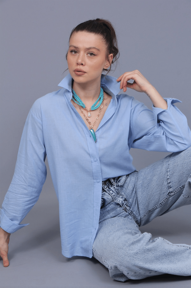 قميص نسائي – modacan toptan – أكمام طويلة – كتان – أزرق فاتح – S-XL – صنع في تركيا