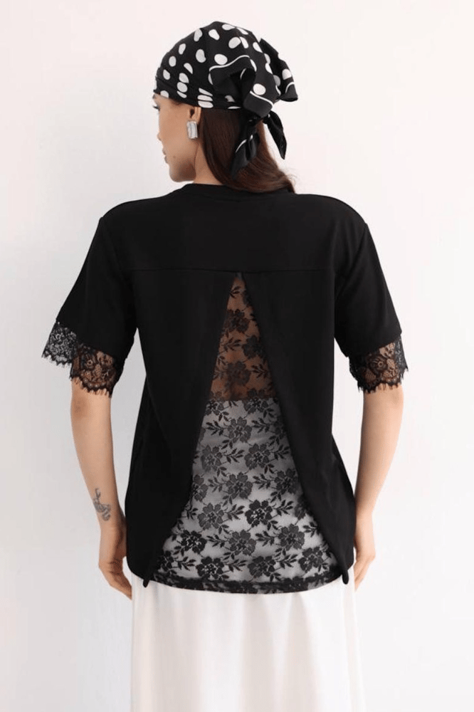 بلوزة نسائية – modacan toptan – بتفاصيل دانتيل – دانتيل – أسود– Made in Turkey - S-L