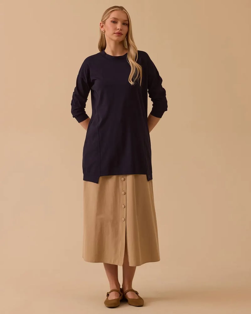 سترة نسائية - Secilstore – الأزرق الداكن – ياقة دائرية – قصة واسعة – جيرسيه – أكمام طويلة – S M L XL – صنع في تركيا