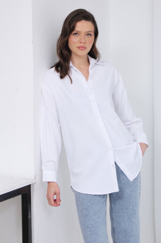 قميص نسائي طويل – modacan toptan – أبيض – بوبلين  –  S-M-L-XL – صنع في تركيا
