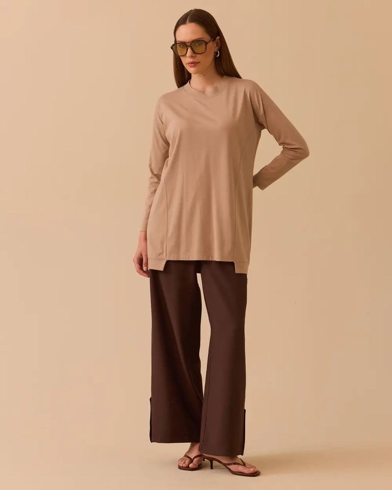 سترة نسائية - Secilstore – بيج – ياقة دائرية – قصة واسعة – جيرسيه – أكمام طويلة – S M L XL – صنع في تركيا