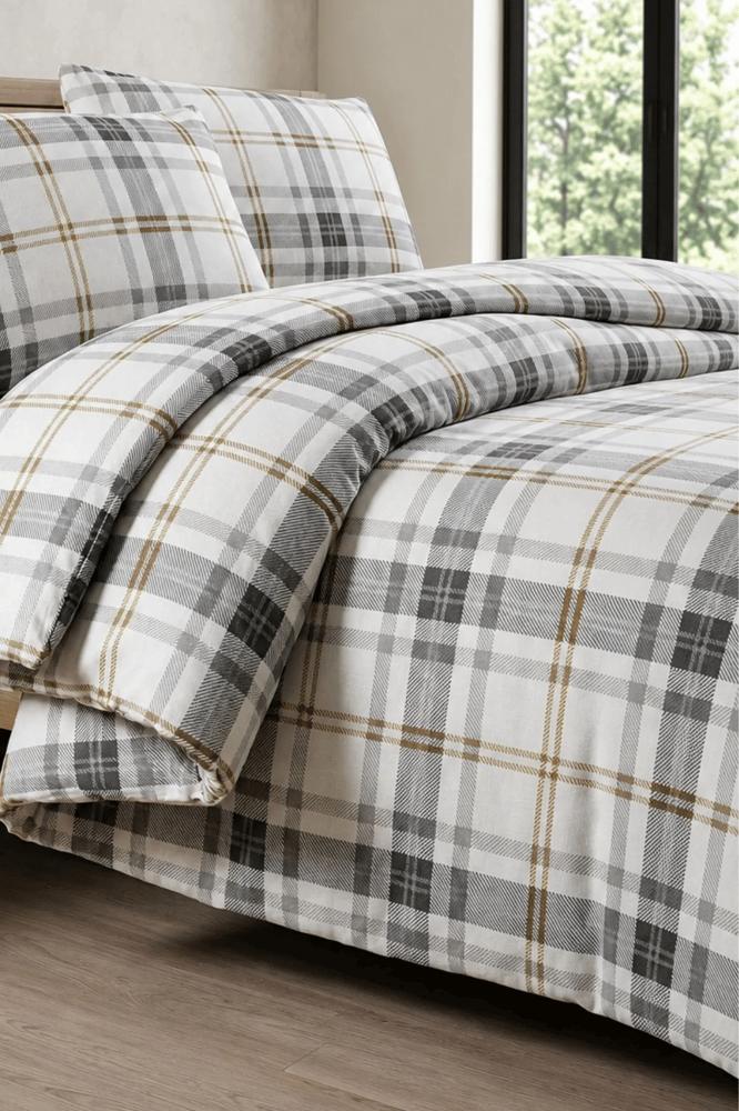 طقم غطاء لحاف – mendereshome – أبيض بتصميم مربعات – فلانيل