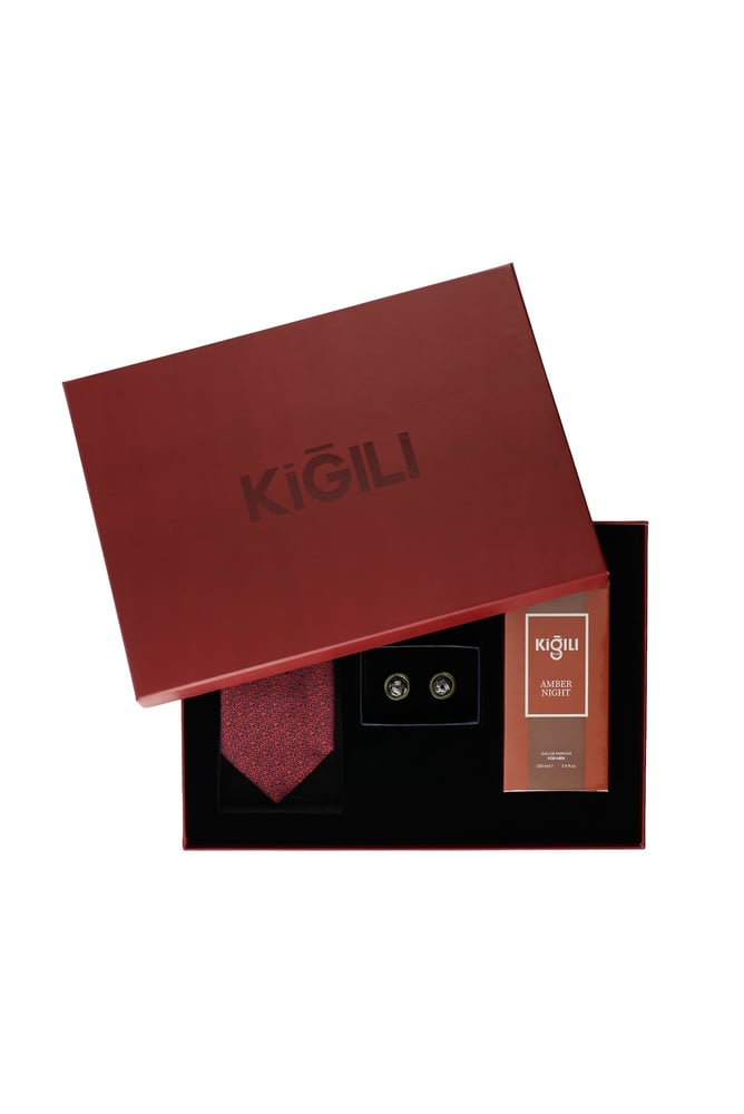 طقم هدايا رجالي – Kiğılı – سادة – 3 قطع – ربطة عنق وأزرار أكمام وعطر أمبر نايت 100 مل – صنع في تركيا