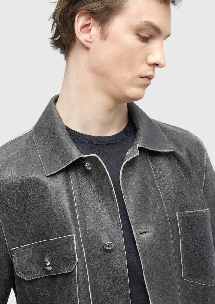 جاكيت جلدي رجالي – Ramsey – أنثراسيت – ياقة قميص – جلد غنم -  S، M، L، XL، XXL، XXXL - صنع في تركيا
