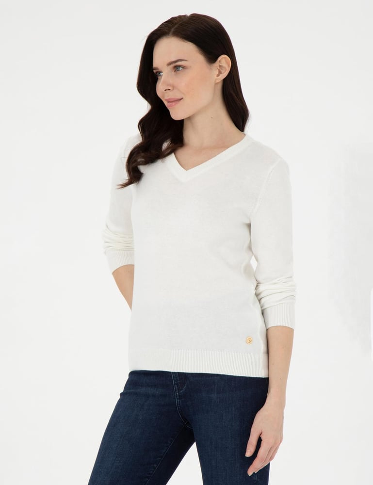 كنزة نسائية – pierre cardin – ياقة V – قطن – بيضاء – S-XL – صنع في تركيا