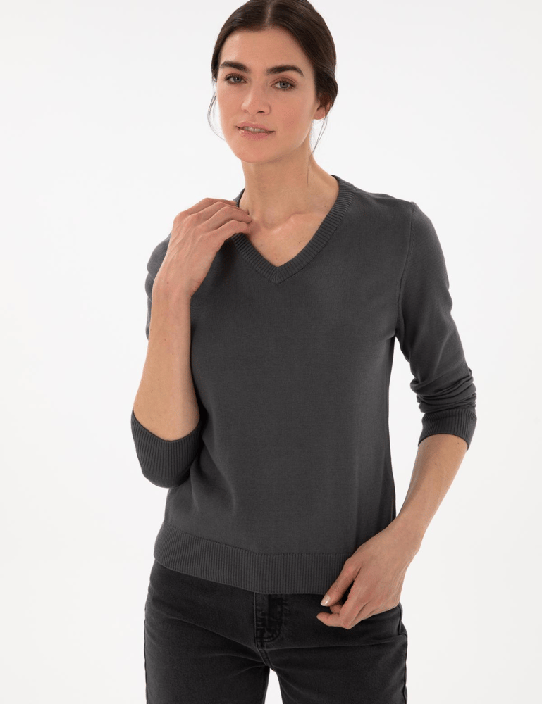 كنزة نسائية – pierre cardin – ياقة V – قطن – رمادي داكن– S-XL – صنع في تركيا