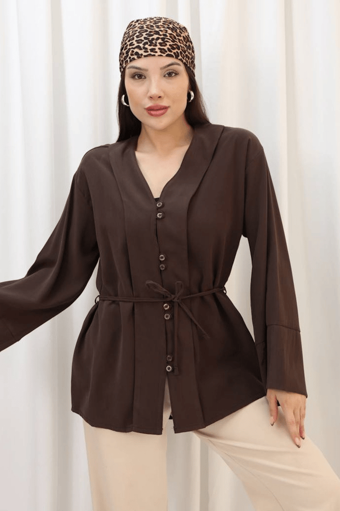 بلوزة نسائي برباط خصر – modacan toptan – بني – فيسكوز – S-M-L-XL – صنع في تركيا