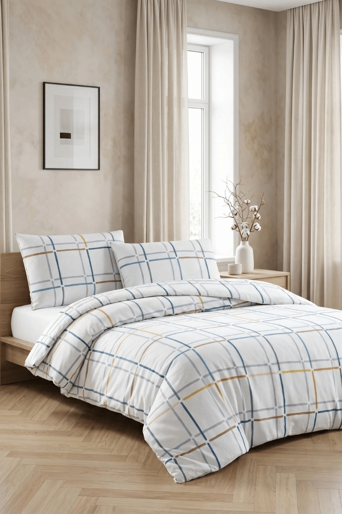 طقم غطاء لحاف – mendereshome – أبيض بتصميم مربعات مخططة – فلانيل