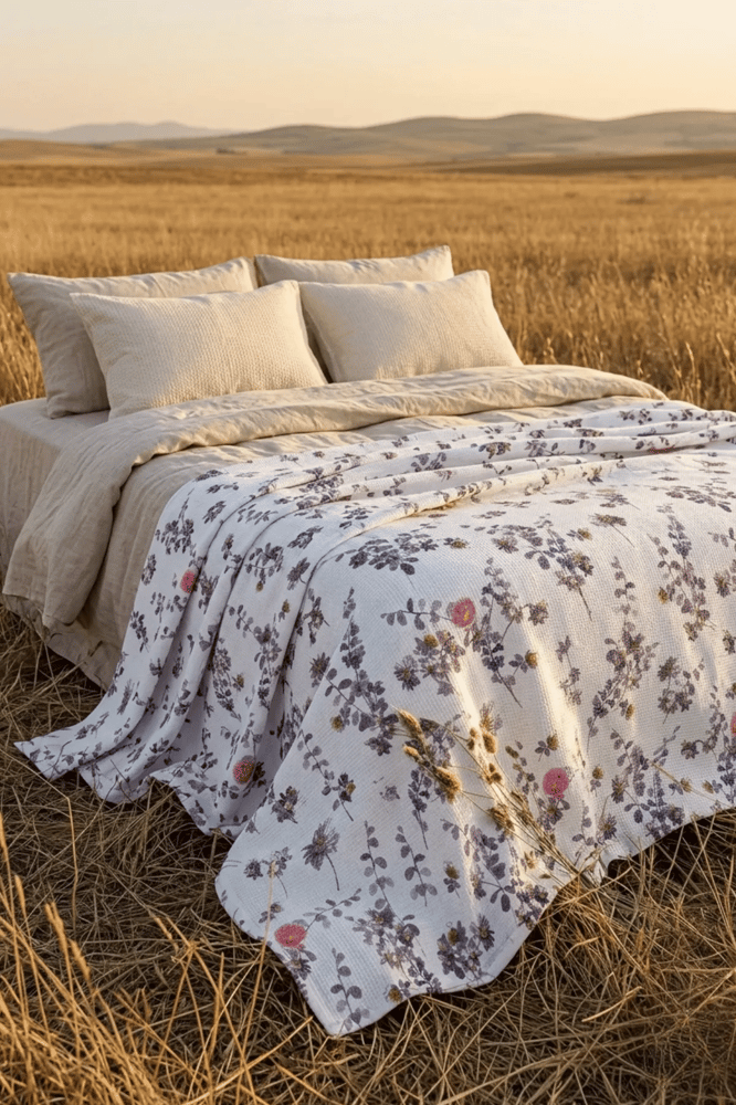 بطانية بيكيه – mendereshome – أبيض نقشه زهور خزامي – قطن – مقاس مفرد