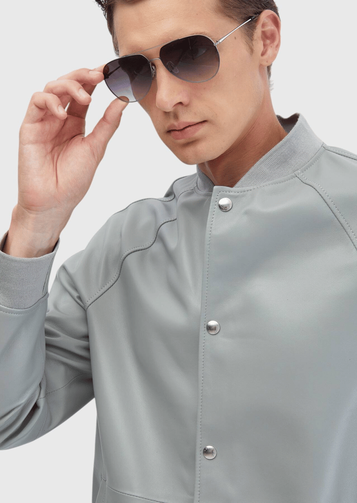 جاكيت جلدي رجالي – Ramsey – رمادي سادة – ياقة عالية – جلد غنم -  S، M، L، XL، XXL، - صنع في تركيا