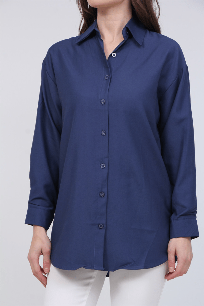 قميص نسائي – modacan toptan – قصة مريحة طويلة – بوبلين – كحلي – S-XL – صنع في تركيا