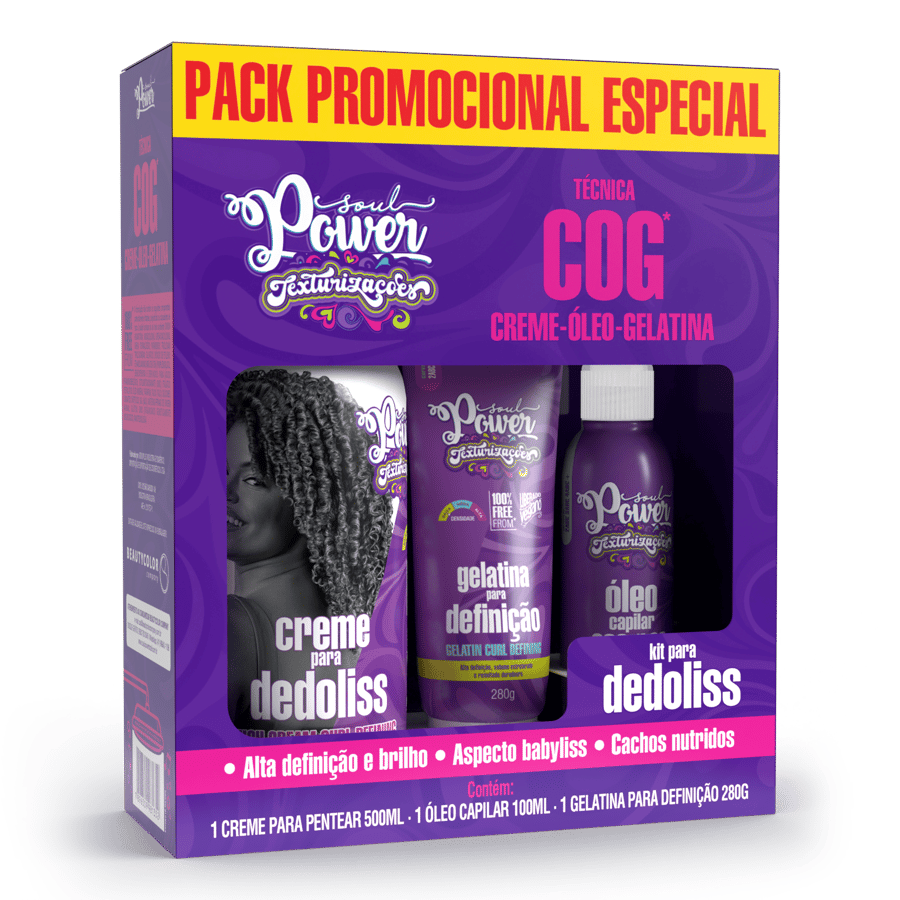مجموعة تكثيف تموجات الشعر لتصفيف وتحديد الشعر الكيرلي - بتقنية COG من Soul Power - حجم (500ml + 100ml + 280g) - Made in Brazil