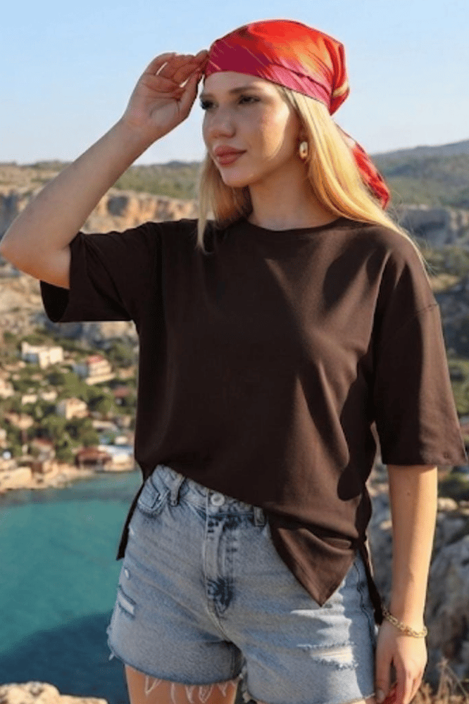تي شيرت نسائي طويل – modacan toptan – بني– قطن سنجل جيرسيه – S-M-L-XL – صنع في تركيا