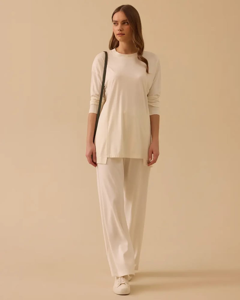 سترة نسائية - Secilstore – بيج فاتح – ياقة دائرية – قصة واسعة – جيرسيه – أكمام طويلة – S M L XL – صنع في تركيا