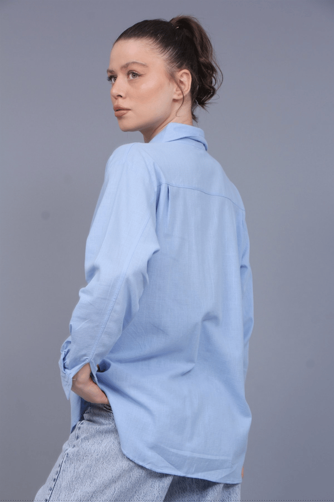 قميص نسائي – modacan toptan – أكمام طويلة – كتان – أزرق فاتح – S-XL – صنع في تركيا