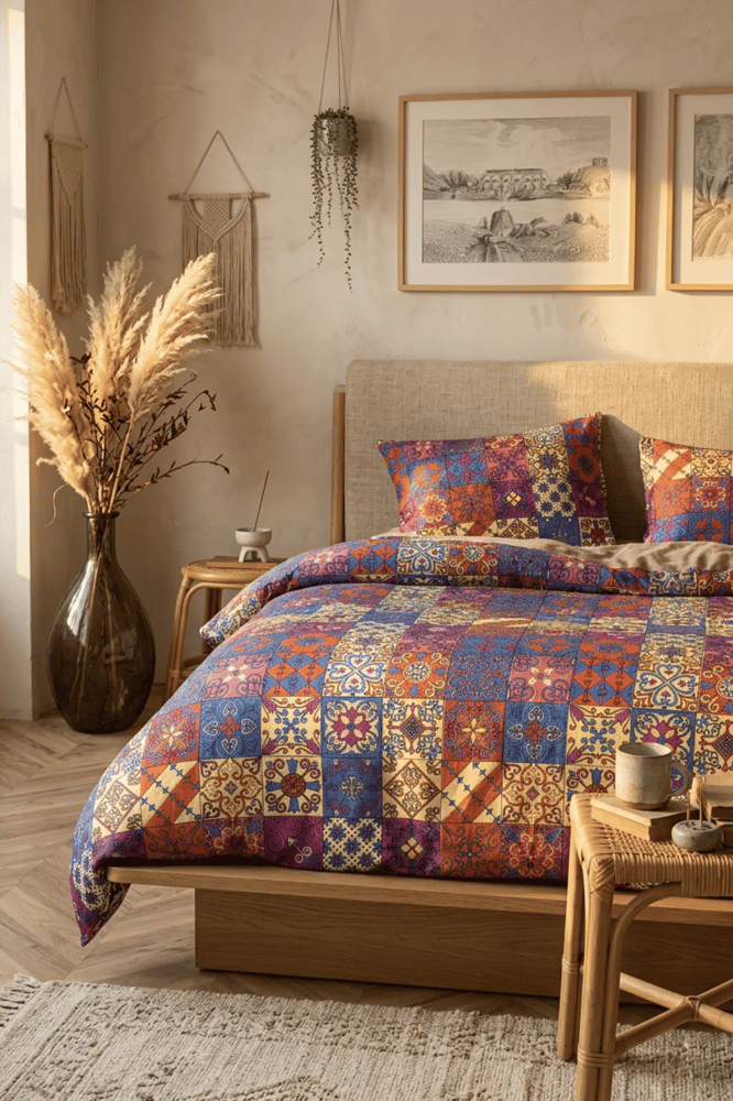 طقم غطاء لحاف – mendereshome – أرجواني بنمط مربعات عرقية – قطن – مقاس