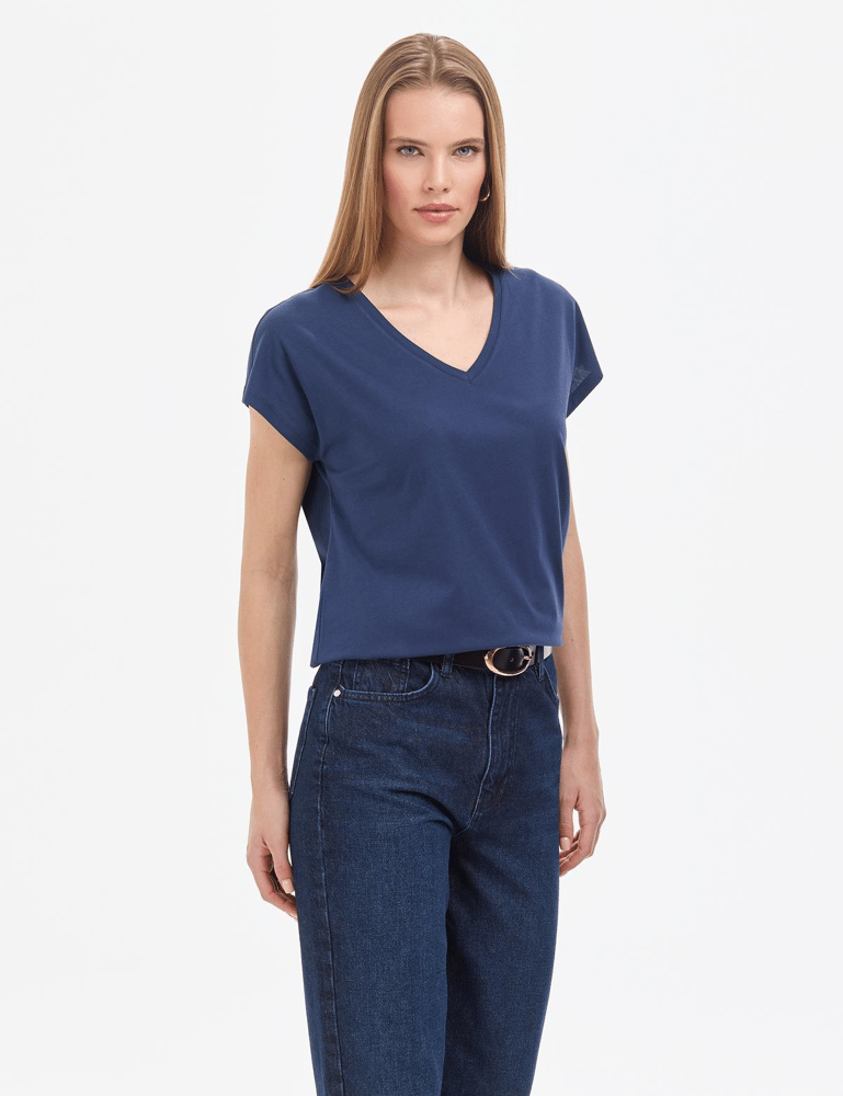تي شيرت نسائي – pierre cardin – ياقة سبعة – قطن – كحلي – S-XL – صنع في تركيا