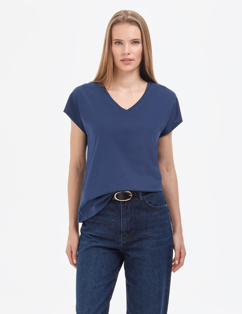 تي شيرت نسائي – pierre cardin – ياقة سبعة – قطن – كحلي – S-XL – صنع في تركيا