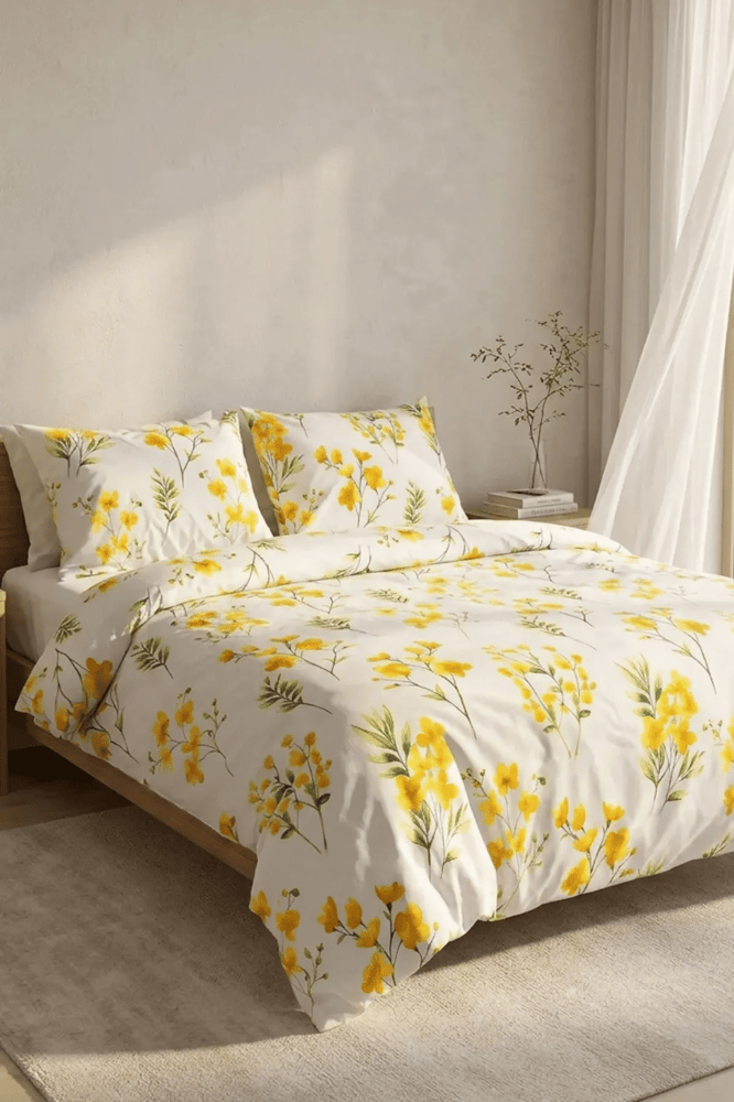 طقم غطاء لحاف – mendereshome – أصفر بطبعة زهرية – قطن – مقاس مزدوج 3 ق