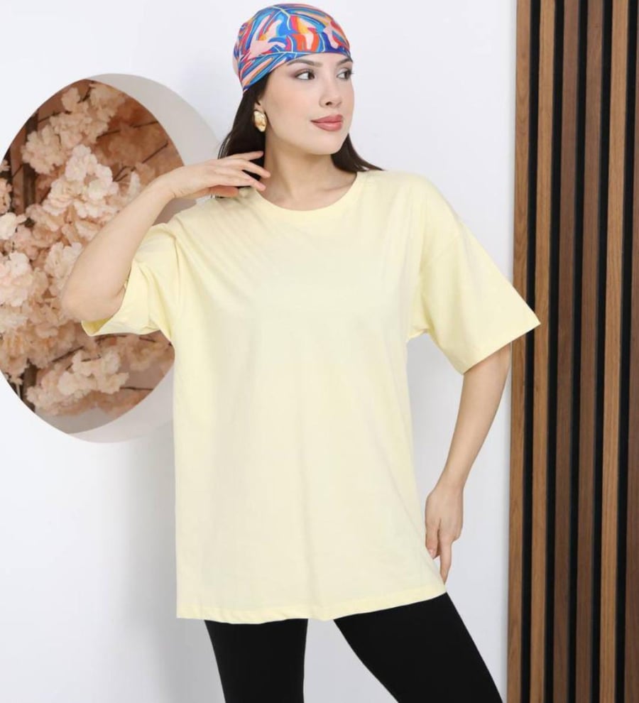 تي شيرت نسائي طويل – modacan toptan – اصفر – قطن سنجل جيرسيه - S - M - L- XL – صنع في تركيا