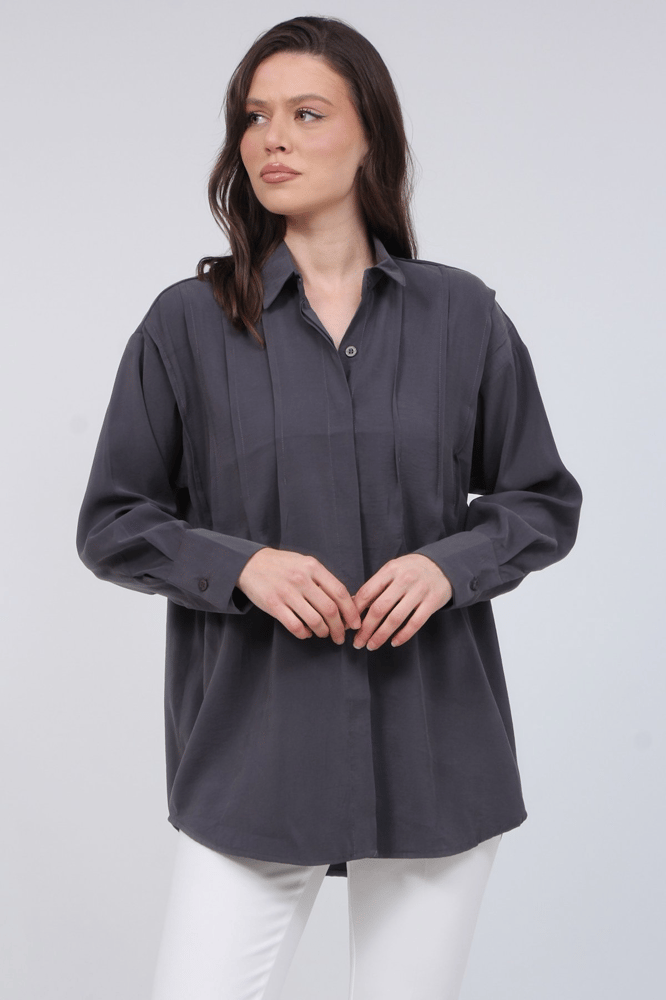 قميص نسائي – modacan toptan – بتفاصيل طيات أمامية – دبي كريب – رمادي غامق – S-XL – صنع في تركيا