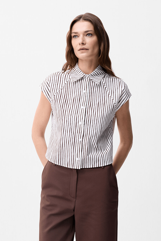 قميص نسائي – ADL – ابيض مخطط بني – قطن – XS S M L XL XXL- صنع في تركيا
